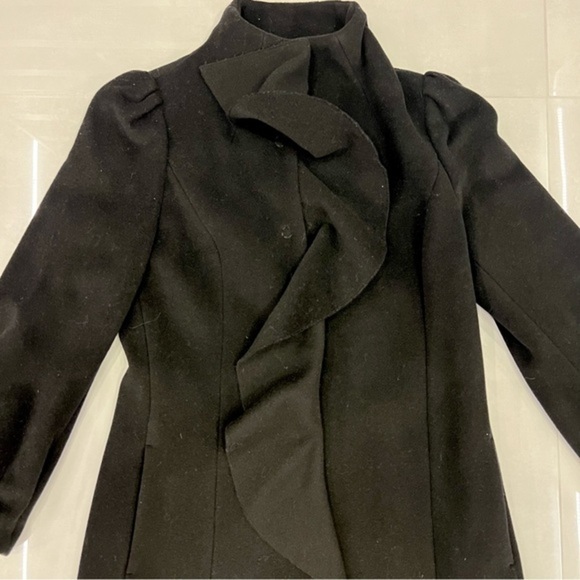 Sisley Cashmere Wool Pea Coat Jkt Blazer Black Velvet Soft Ruffle Snap Up Small - Picture 10 of 13